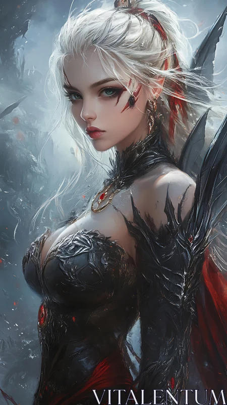 Bloodwing enchantress crowned in stormlit obsidian armor.