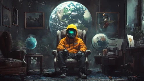 Concept art interior with cosmic observer in neon hoodie.