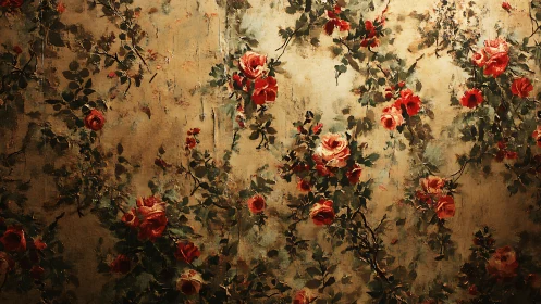 Crimson Roses Against Weathered Vintage Canvas.
