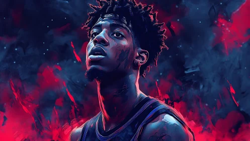 Neon court dreamer under cosmic smoke and crimson fire.