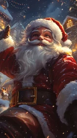 Santa in snowy village with glowing winter lights at night.