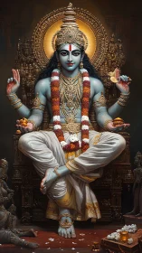 Divine blue-skinned deity seated on ornate golden throne.