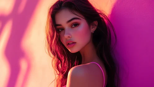 Young woman in neon sunset light leans against pink wall