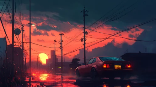 Red sports car on rain-soaked street at neon sunset.