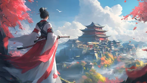 Samurai heroine gazes toward a misty mountain palace realm