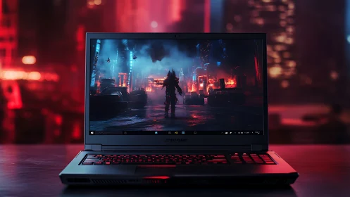 Immersive gaming laptop glowing in a neon cityscape.