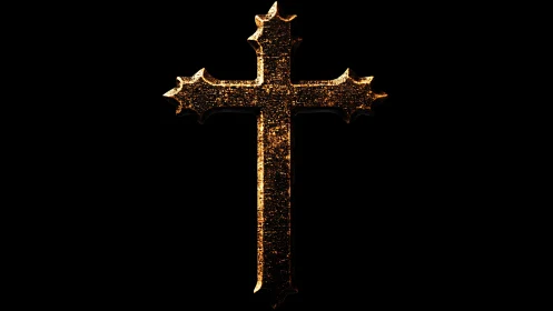 Gilded ornate cross on black background, textured metal form.