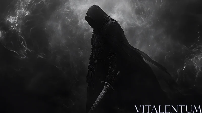 Digital painting of a hooded dark knight in swirling smoke.