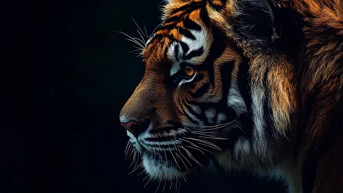 Low‑key profile study of tiger cranial morphology and pelage.