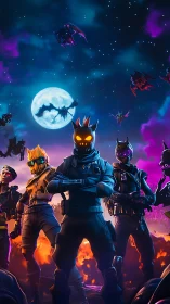 Neon moonlight crowns a squad of fiery masked night raiders