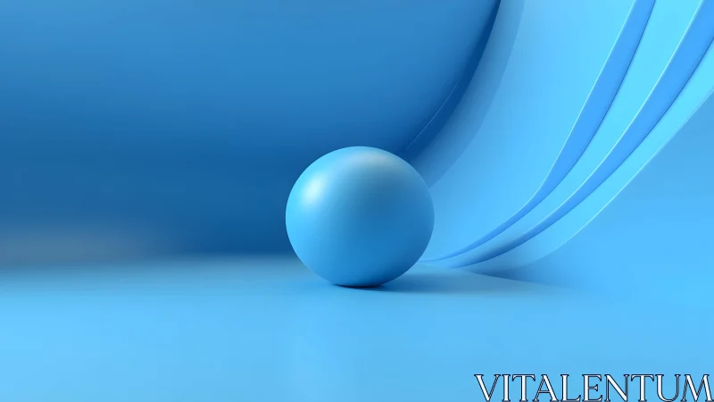 Matte blue 3D sphere resting before curved layered backdrop surfaces