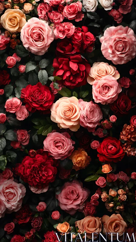 Rose arrangement on dark background showing varied bloom colors.