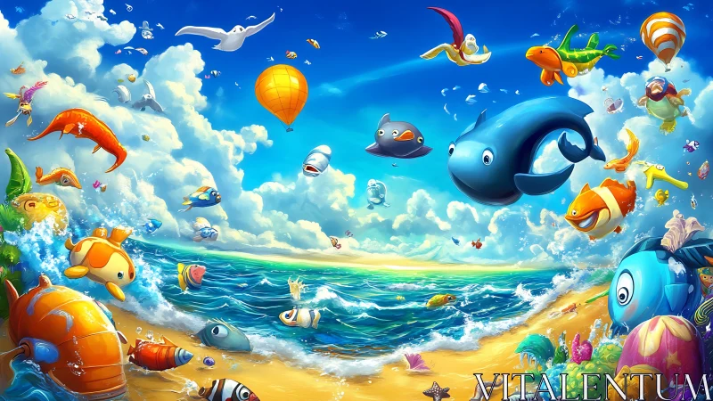 Flying cartoon sea creatures swirl above tropical shore.