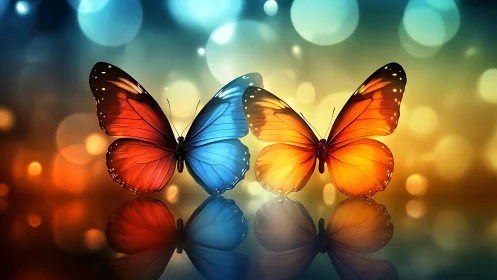 Chromatic butterfly pair with reflective bokeh field geometry.