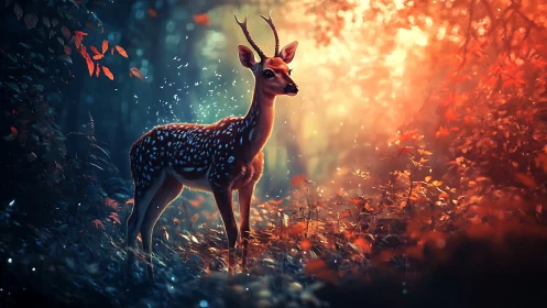 Gentle young deer pauses in a glowing autumn forest dream