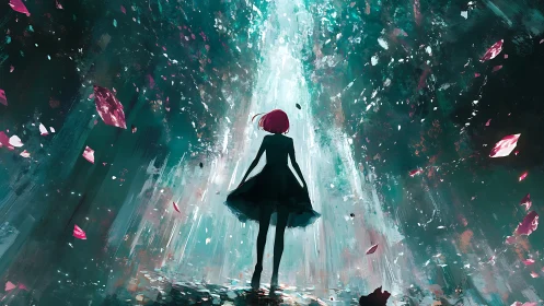 Backlit silhouette girl in luminous abstract particle corridor.