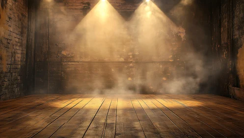 Empty wooden stage in warm spotlights and drifting haze.