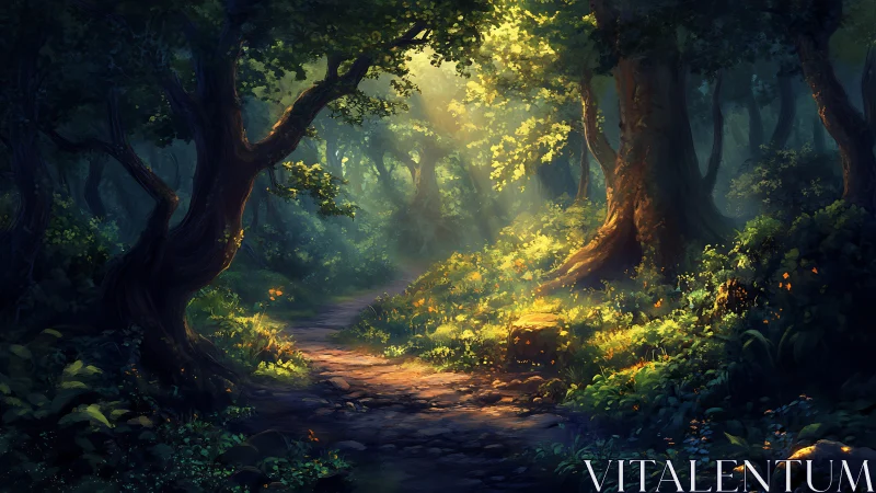Enchanted Forest Path with Golden Sunlight and Ancient Trees