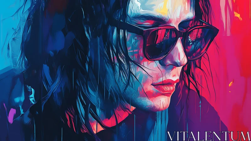 Moody neon portrait of young person in dark sunglasses.