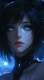 Stellar-eyed girl gazes through deep cosmic blue void.