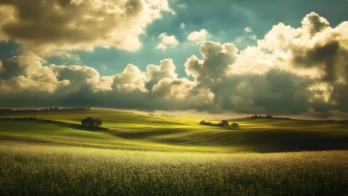 Sunlit green hills under dramatic stormlit sky.