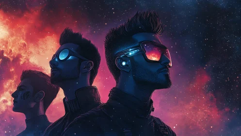 Futuristic figures in profile against nebula space field.