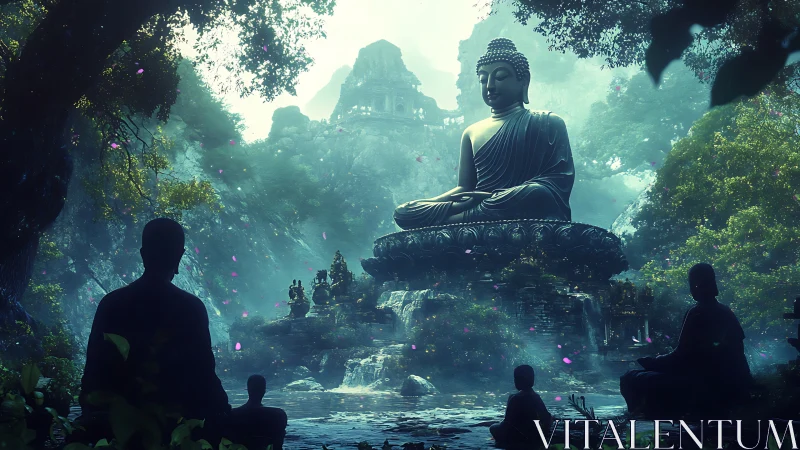 Large Buddha statue is centered in a dense forest clearing