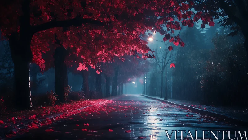 Moody urban avenue with crimson foliage and rain-soaked perspective.