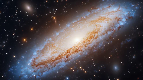 Spiral galaxy viewed edge-on with dense star field background