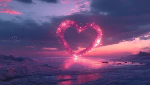 Luminescent Heart Silhouette Over Twilight Seascape with Particle Emission