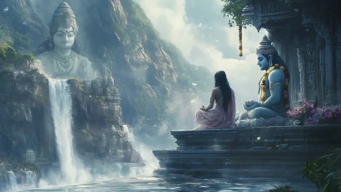 Mythic riverside meditation with monumental Shiva statuary.