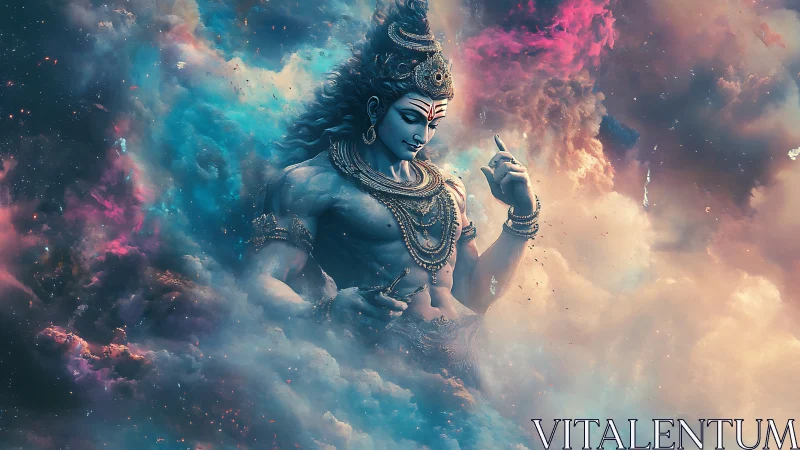 Divine humanoid figure within colorful cosmic clouds scene.