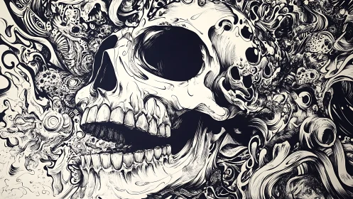 Monochrome skull engulfed by swirling organic chaos forms.