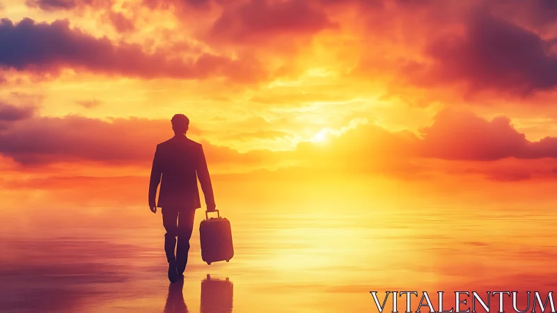 Business traveler silhouette in saturated atmospheric sunset field.