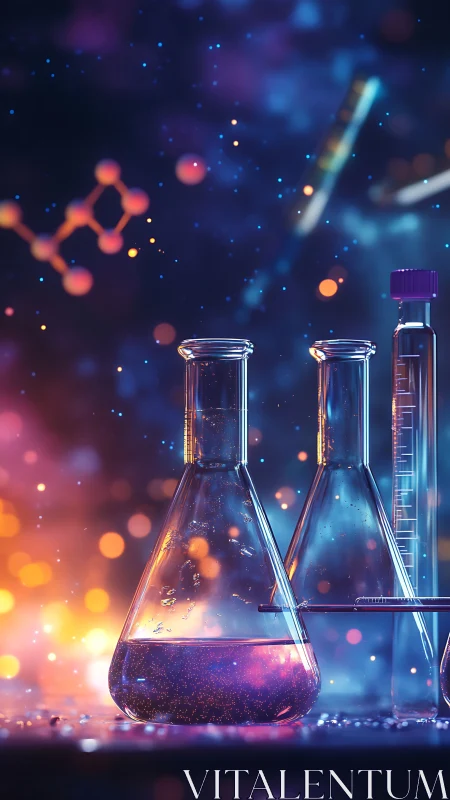 Chromatic lab flasks glowing in a nebula of science dreams.