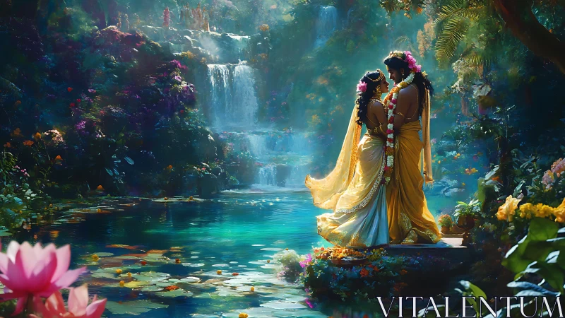 Couple in Golden Saris by Luminous Waterfall