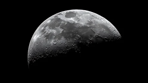 Detailed lunar surface in sharp half-moon phase view.