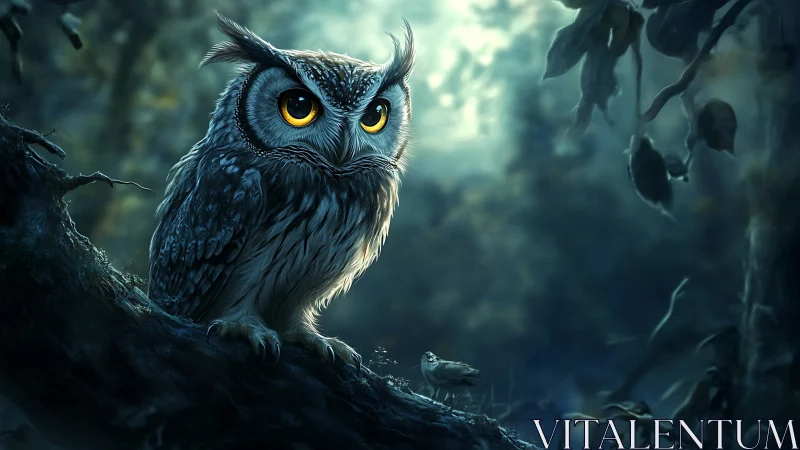 Majestic Owl Perched on Tree Branch in Dreamlike Forest Scene.