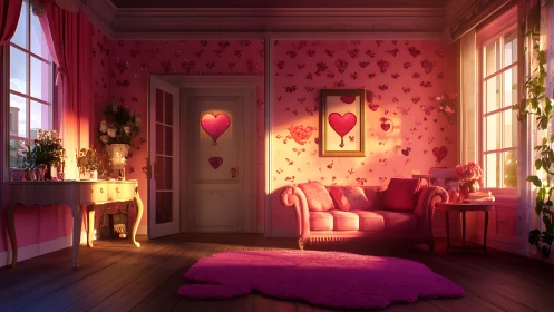 Romantic Valentine Living Room with Neon Heart Balloons and Rose Ambient Lighting