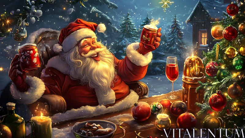 Santa celebrates Christmas Eve at a cozy winter table.
