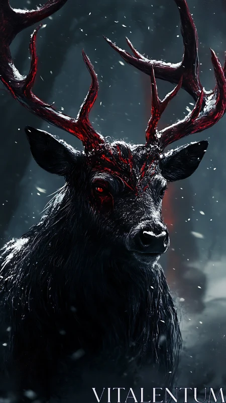 Midnight stag of embered antlers haunts the winter hush