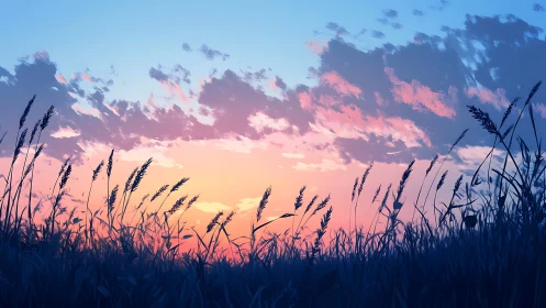 Sunset grassland silhouette under soft blue and pink sky.
