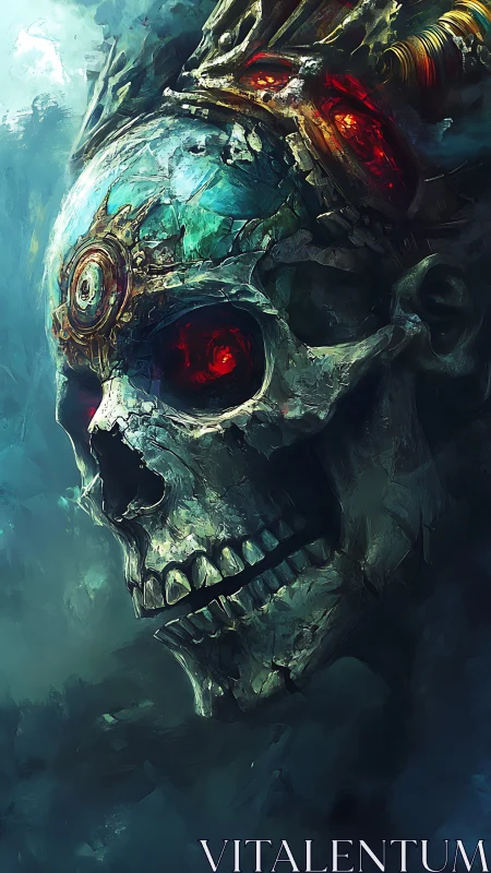 Crowned crystal skull drifting in a storm of teal mist.