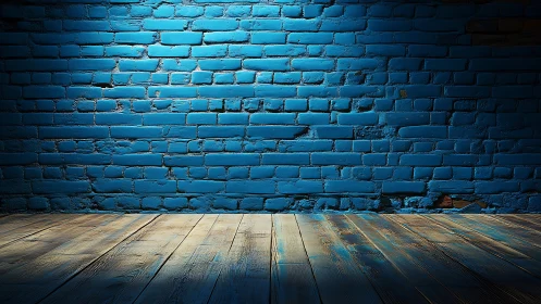 Blue painted brick wall with directional spotlight on wooden floor