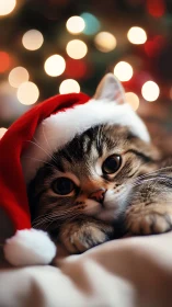 Cute tabby kitten in Santa hat with warm holiday lights.