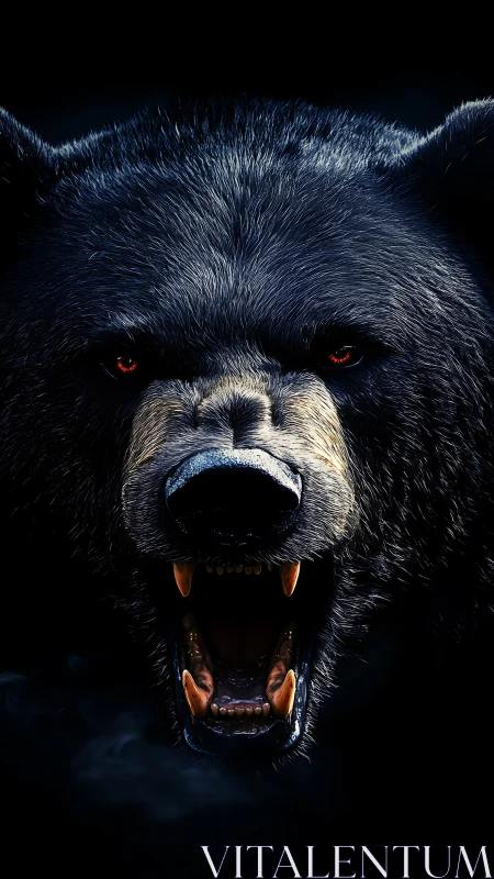 Close frontal rendering of roaring bear in dark void.