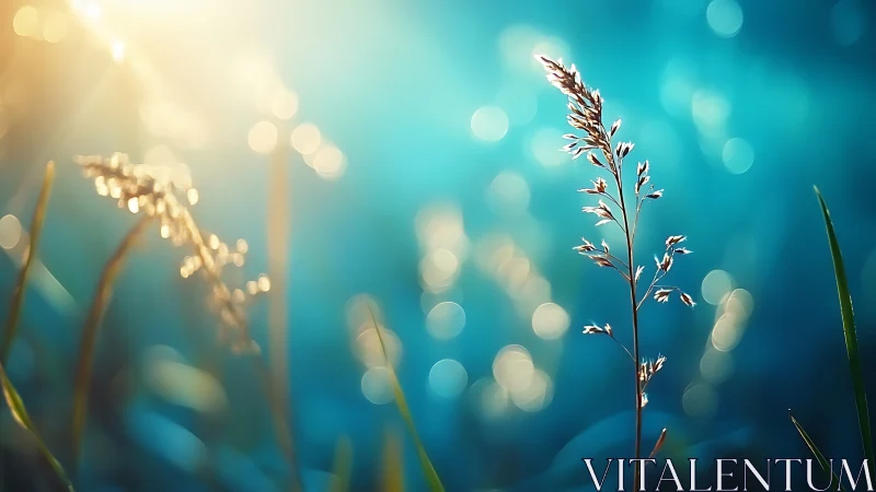 Single grass stem in sharp focus against blue bokeh background