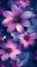 Digital rendering displays purple flowers with golden stamens against dark blue background