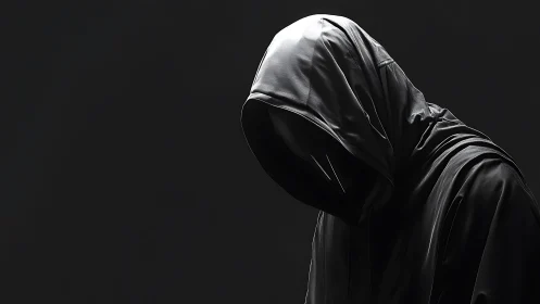 Hooded silhouette in dramatic low key monochrome lighting.