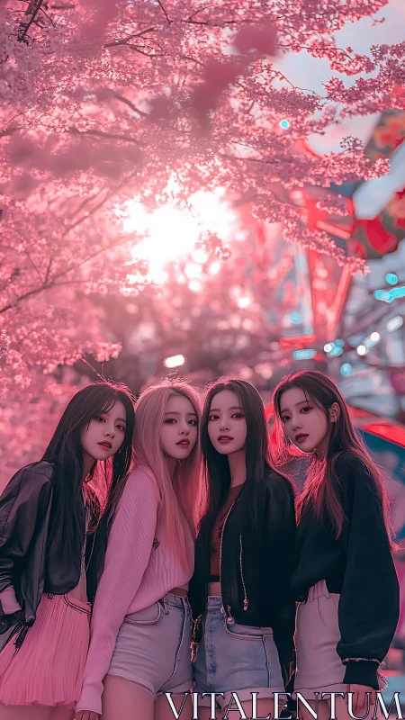 Four young women under pink cherry blossoms at dusk.